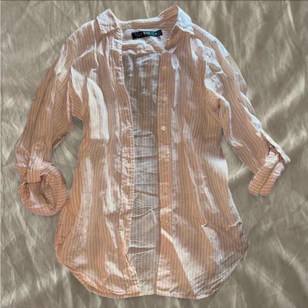 ralph lauren peach and white stripe linen button up🐚🥥